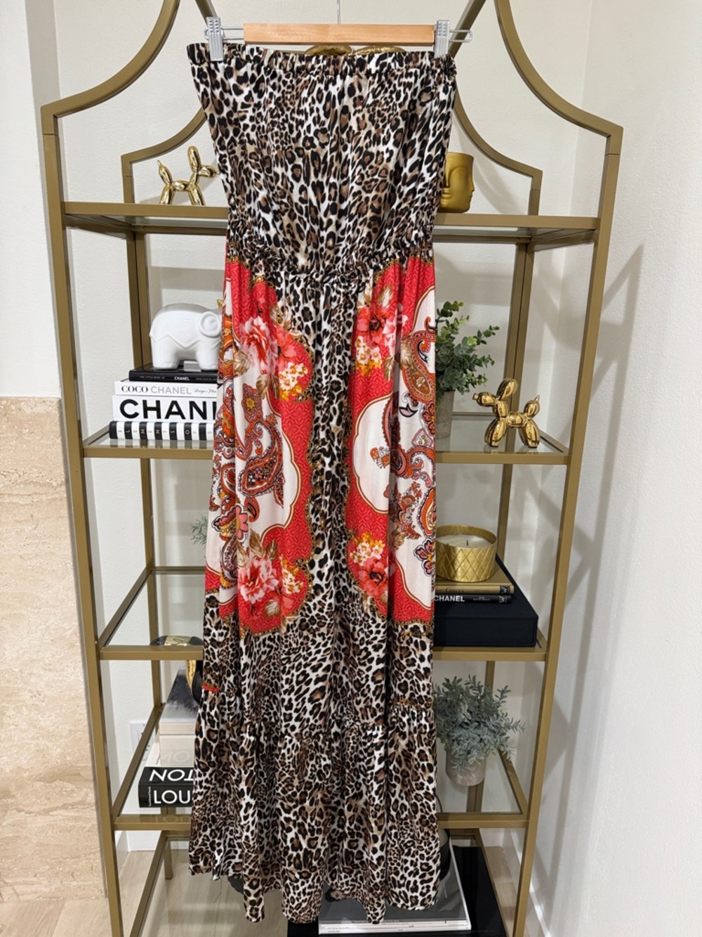 Leopard Print Strapless Dress with Red Floral Paisley Panels